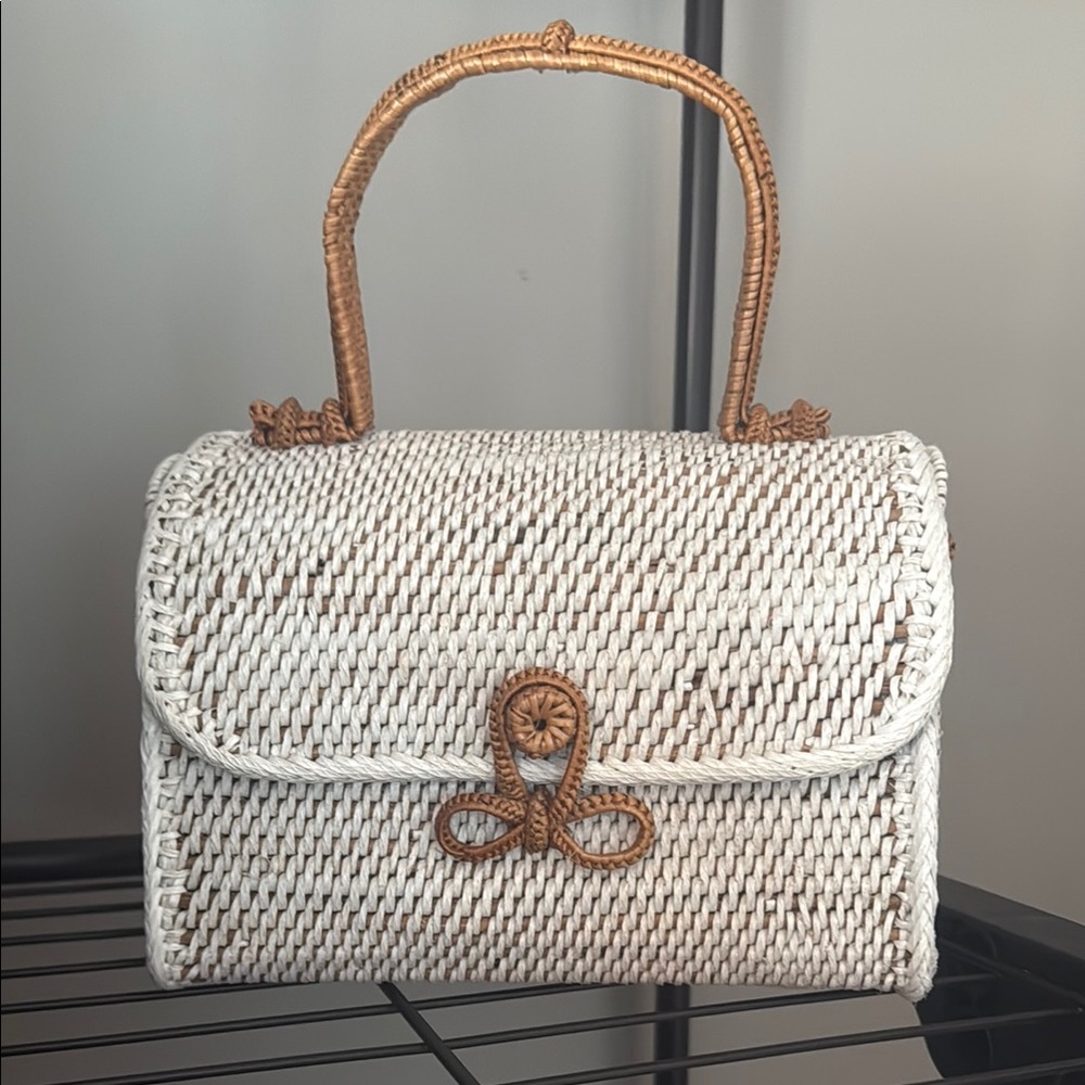 Chic White and Tan Woven Shoulder Bag